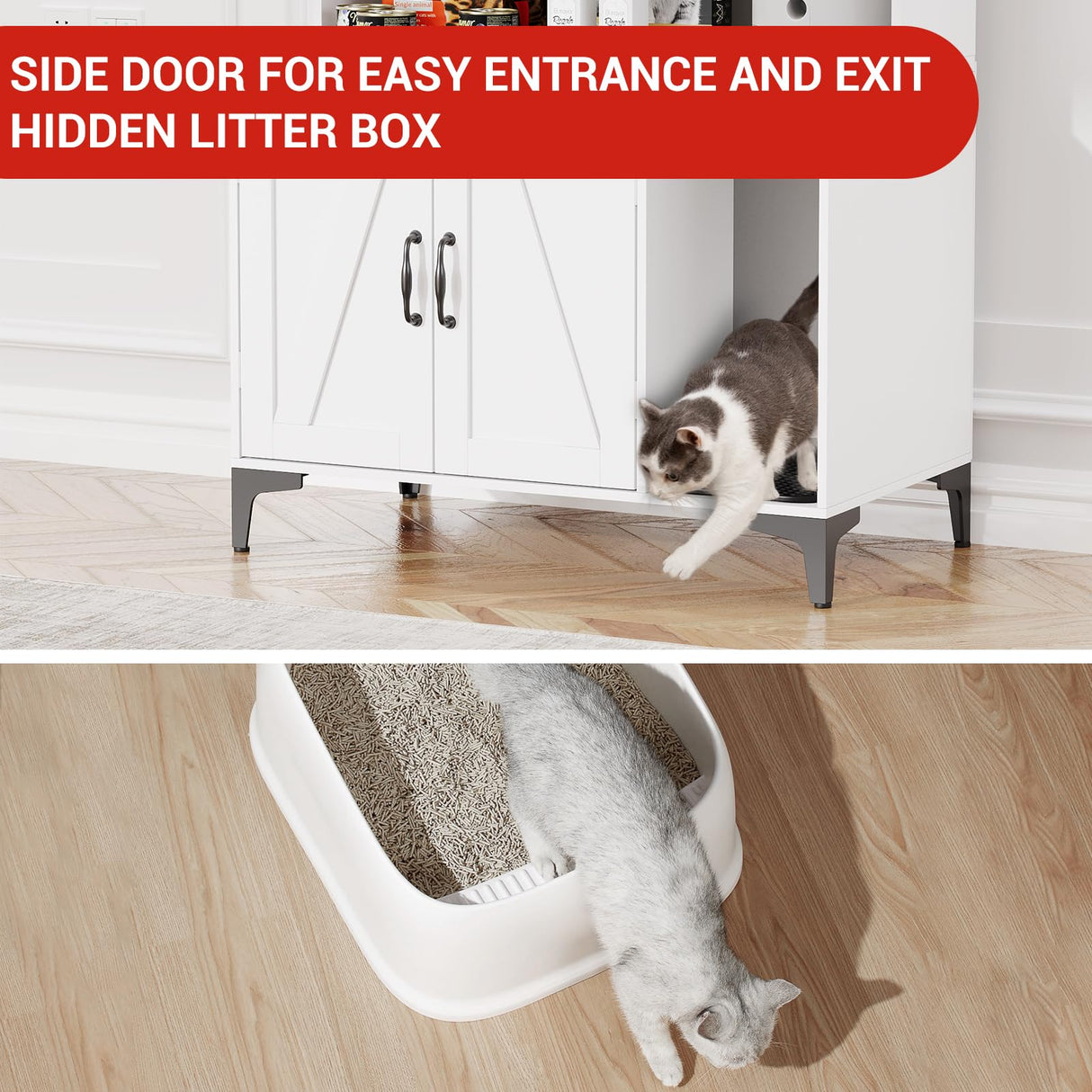 Litter Box Enclosure with Shelves and Doors, 2-in-1 Hidden Cat Litter Box Cabinet Furniture with Shelf, 51" Indoor Cat House Wood Sturdy Pet Washroom EcoSummer