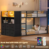 BTHFST Twin Over Twin Bunk Bed with Storage Drawers & Open Storage Shleves with LED Lights, Metal Black Low Bunk Bed Safety Ladder and 13.4" H Guardrail, Space Saving BTHFST