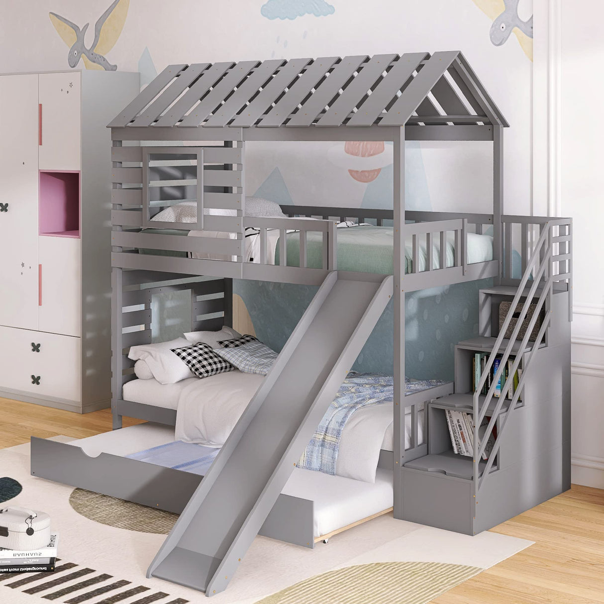Merax Twin Over Twin House Bunk Bed, Wooden Bed Frame with Trundle and Slide, Storage Staircase, Roof and Window Design, Gray Merax