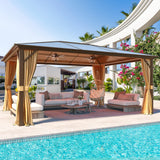 YOLENY 12'x16' Hardtop Gazebo, Outdoor Polycarbonate Roof Canopy, Aluminum Frame Permanent Pavilion with Curtains and Netting, Sunshade for Garden, Patio, Lawns, Khaki YOLENY