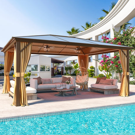 YOLENY 12'x16' Hardtop Gazebo, Outdoor Polycarbonate Roof Canopy, Aluminum Frame Permanent Pavilion with Curtains and Netting, Sunshade for Garden, Patio, Lawns, Khaki YOLENY