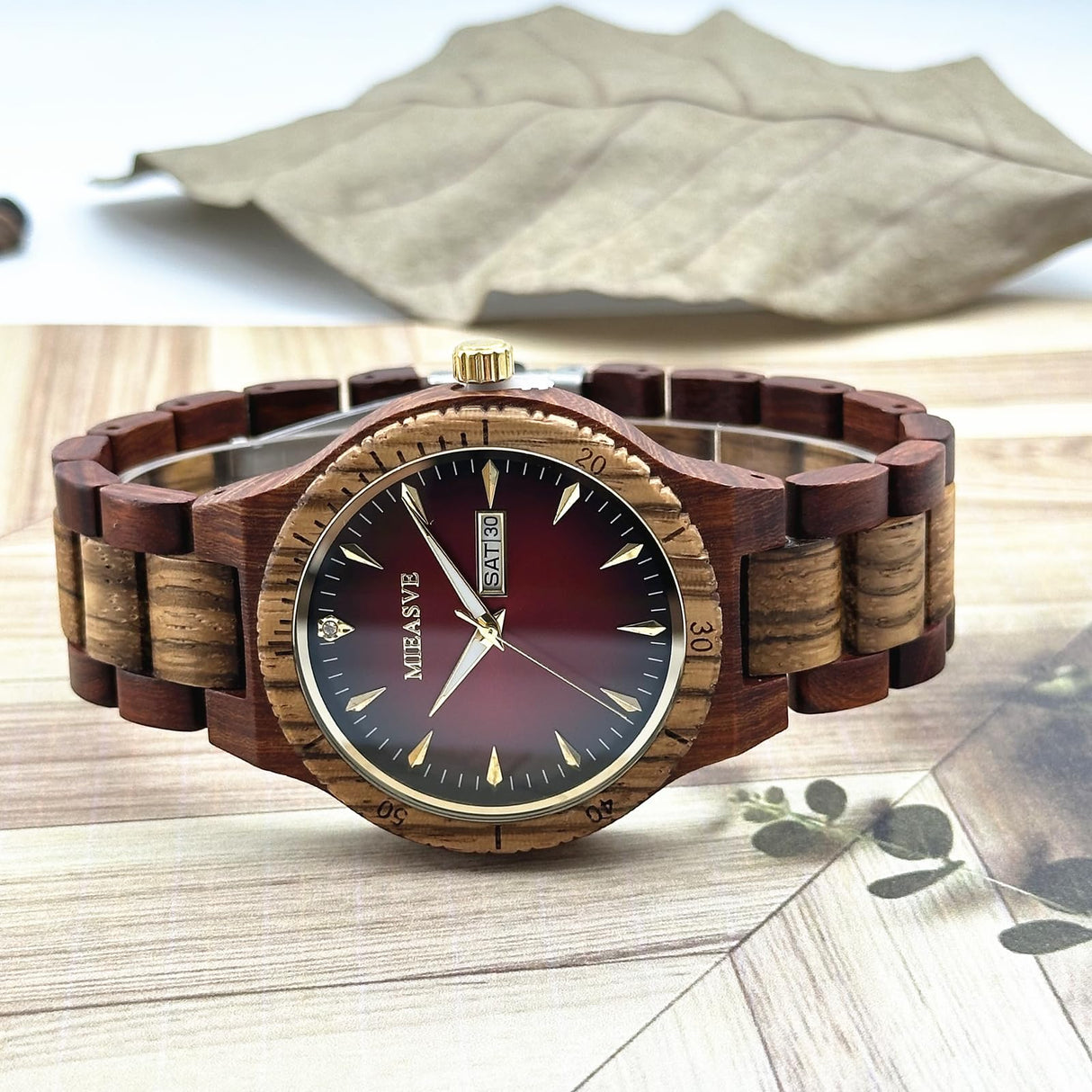 MIEASVE Handmade Wood Watches for Men Red Dial Lightweight Analog Quartz Wooden Watch Adjusted Band MIEASVE