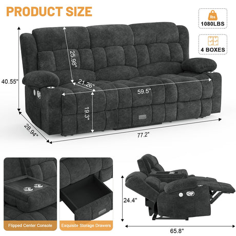 Dresegmt Loveseat Recliner Sofa, Flip Middle Backrest Design 3 Seat Reclining Sofa with Storage Drawer, USB Ports & Cup Holders, Manual Couch for Living Room/Home Theater/RV (Gray) Dresegmt