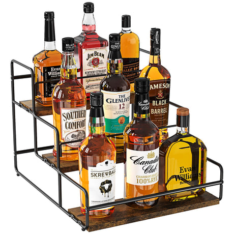 Nuovoware Liquor Bottle Display Shelf, 3-Tier Liquor Shelf, Carbon Steel Bar Cabinet with Wooden Base and Retainer Bar for Whiskey Syrup Wine, Wine Rack for Countertop Kitchen Coffee Bar, Black Nuovoware