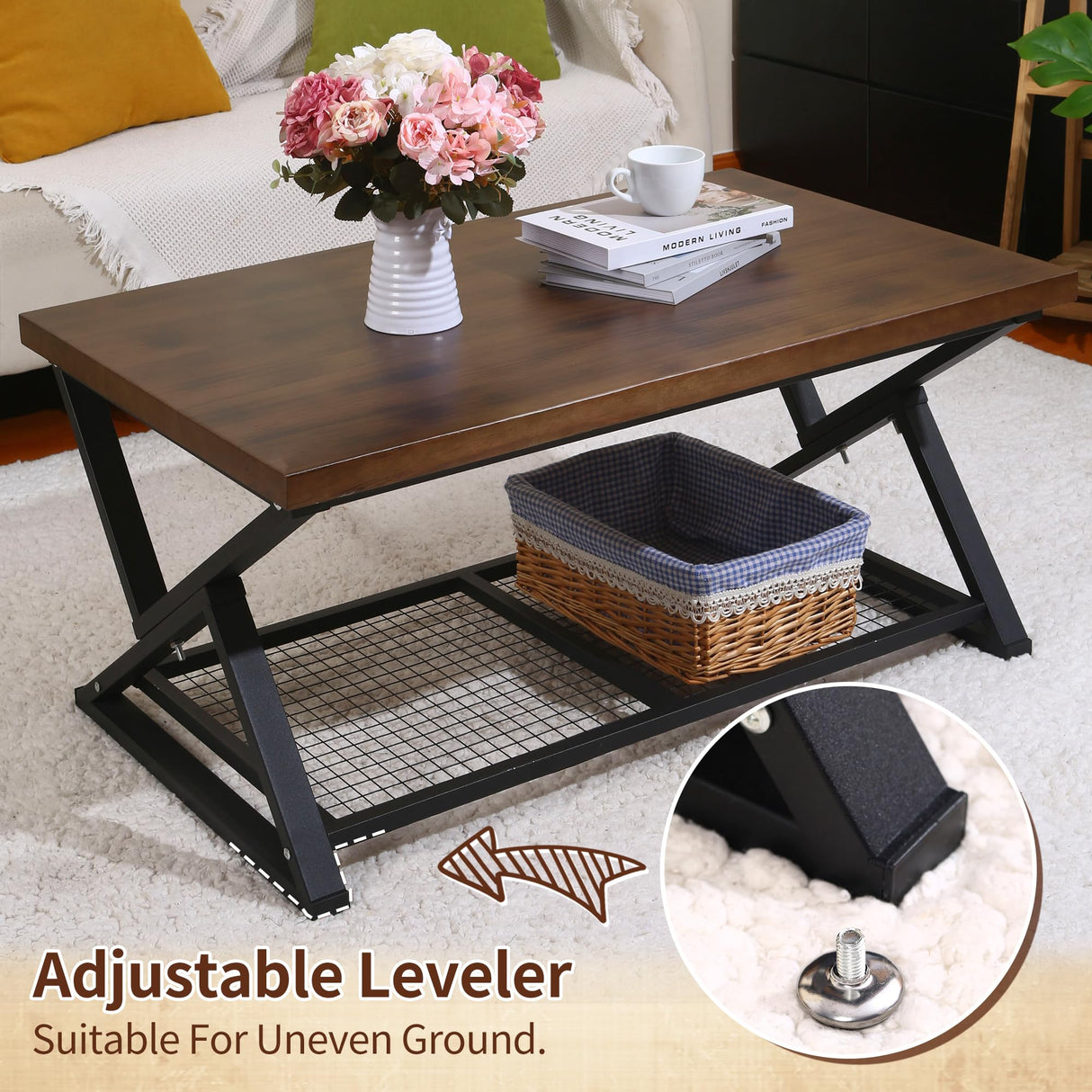 EASYSOUL Solid Wood Coffee Tables for Living Room, Farmhouse Coffee Table with Storage Shelf, 2-Tier Rustic Mid Century Coffee Table, 47.24 Inch Rectangle Center Table (Brow, 47.24") EASYSOUL