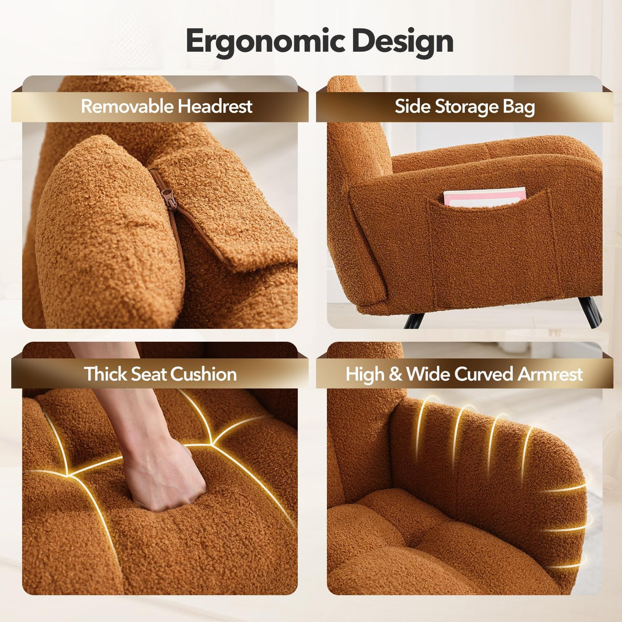 Rocking Chair Nursery Teddy, Upholstered Baby Fluffy Glider Rocker for Adults Small Spaces Indoor, Nursing Chairs for Living Room, Bedroom, Classroom (Brown) GarveeHome