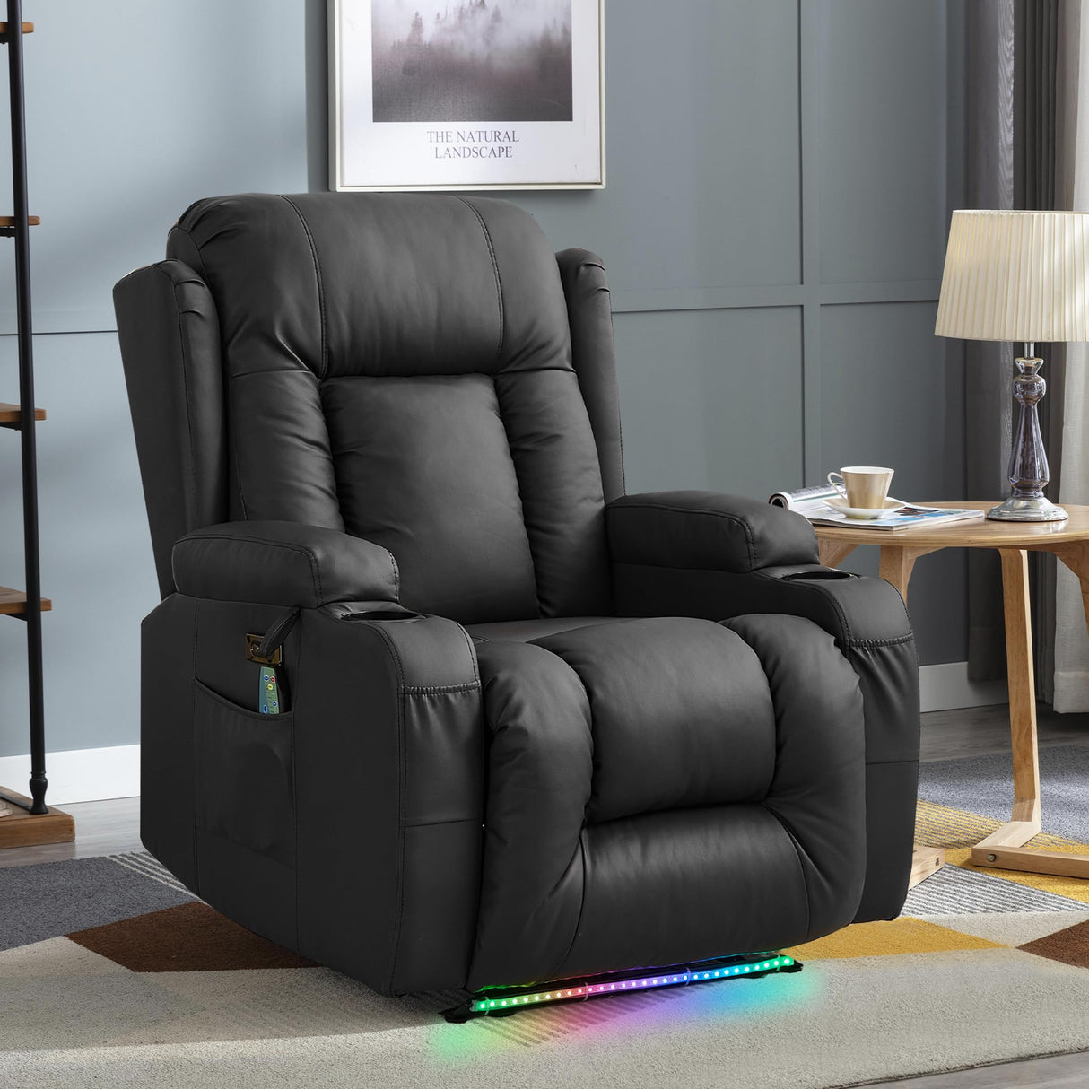 TUNYI Power Recliner Chair with Massage & Heat, Faux Leather Reclining Sofa with LED Light, Home Recliner Theater Seating with USB Port/Lumbar Pillow/Cup Holder/Side Pocket (Black, 1PC) TUNYI