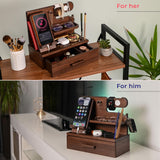 TESLYAR Wood Phone Docking Station with Drawer - Nightstand Organizer - Desk Organizer for Husband - Birthday Gifts for Men, Dad, Anniversary Idea, Key Holder Stand Watch & Accessories (Bourbon Brown) TESLYAR
