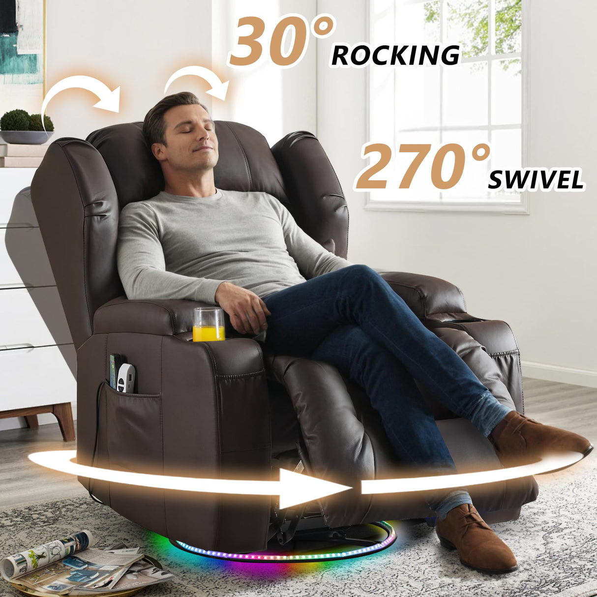DRMBOOK Power Swivel Rocker Recliner Chairs, Electric Wall Hugger Reclining Sofa with Massage & Heat for Adults, Comfy Theater Seating Single Chair with LED Light/USB/Type-C Ports (Leather Brown) DRMBOOK