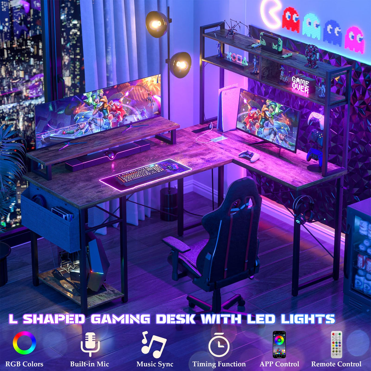 Aheaplus Small L Shaped Gaming Desk with LED Lights & Power Outlets, Reversible L-Shaped Computer Desk with Monitor Stand & Storage Shelf, Corner Desks Home Office Desk with Storage Bag, Rustic Brown Aheaplus