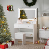 Haewon Vanity Desk with Mirror and LED Lights, White Makeup Vanity with Power Outlet, Storage Drawers and Chair, Dressing Table Set for Bedroom Dressing Room Haewon