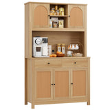 finetones 71" Tall Kitchen Pantry Cabinet, Kitchen Cabinet Hutch Cabinet with Rattan Doors and Microwave Stand, Rattan Kitchen Hutch Food Pantry Cabinet with Drawers & Shelves for Kitchen, Walnut finetones