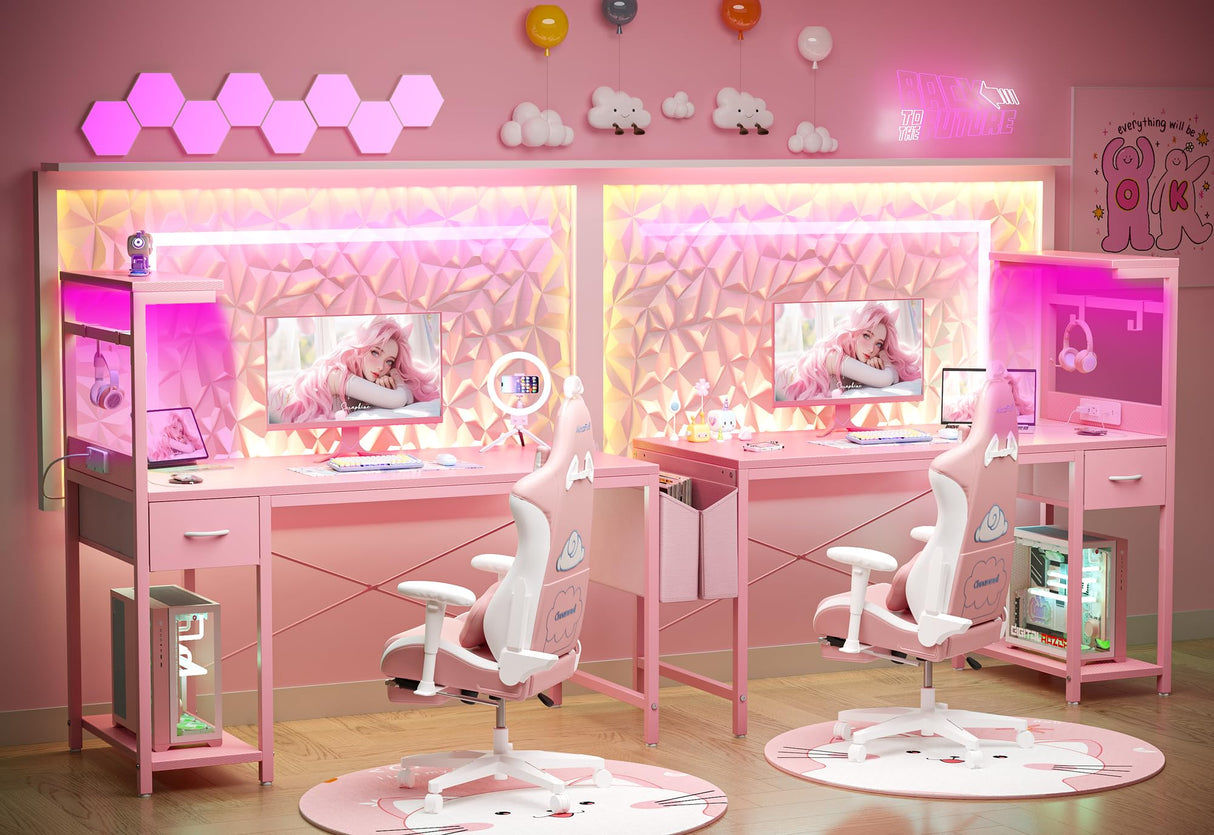 TIQLAB Gaming Desk 40 inch with Power Outlet and LED Light, Computer Desk with Reversible Shelves and Storage Drawer, Small PC Desk for Home Office Table with Bag, Carbon Fiber Pink TIQLAB