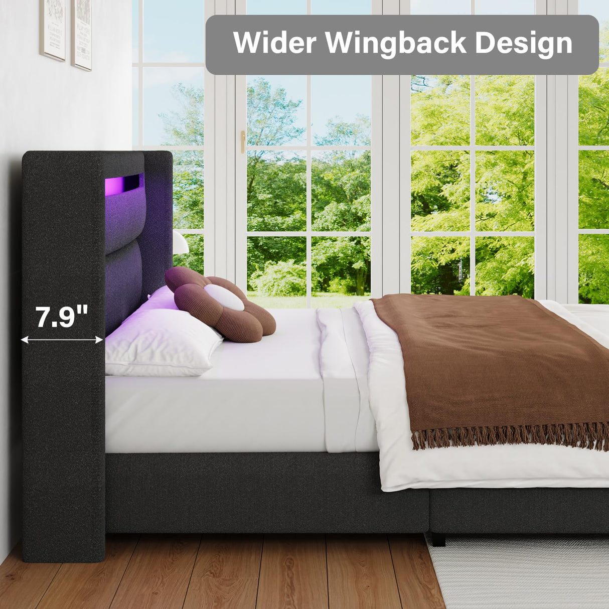 HOMBCK Full Size Bed Frame with Headboard and LED Lights, Boucle Upholstered Platform Bed with Wingback Design, Modern Soft Bed Frame, No Box Spring Needed, Easy Assembly, Grey HOMBCK