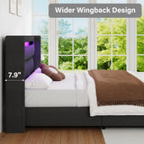 HOMBCK Full Size Bed Frame with Headboard and LED Lights, Boucle Upholstered Platform Bed with Wingback Design, Modern Soft Bed Frame, No Box Spring Needed, Easy Assembly, Grey HOMBCK