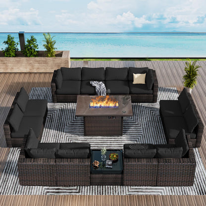 14 Piece Patio Furniture Set with 42In Fire Pit Table， Outdoor Furniture Sets Rattan Sectional Couch Outdoor Chairs with No-Slip Cushions and Waterproof Covers for Lawn, Poolside, Backyard Black