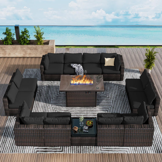 14 Piece Patio Furniture Set with 42In Fire Pit Table， Outdoor Furniture Sets Rattan Sectional Couch Outdoor Chairs with No-Slip Cushions and Waterproof Covers for Lawn, Poolside, Backyard Black