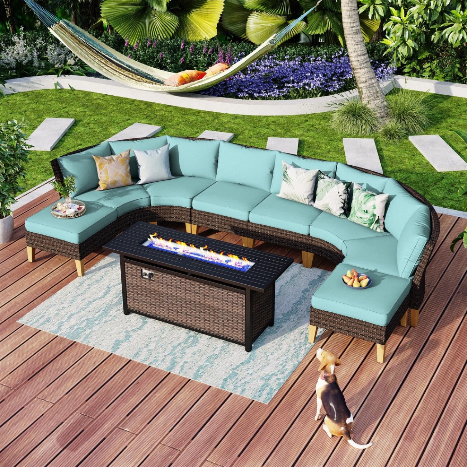 MFSTUDIO 9 Pieces Wicker Patio Furniture Set with 56" Fire Pit Table, Rattan Half-Moon Patio Conversation Set Outdoor Sectional Sofa Set, 4 x Curved Sofa, 2 x Armless Sofa, 2 x Ottoman(Aqua B - WoodArtSupply