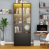 Vrmuxita Display Cabinet with Glass Doors: 79" Black Lighted Display Cabinet with 3 Drawers, Tall Bookcase with 2 Doors, Glass Door Bookcase for Living Room (Black) Vrmuxita