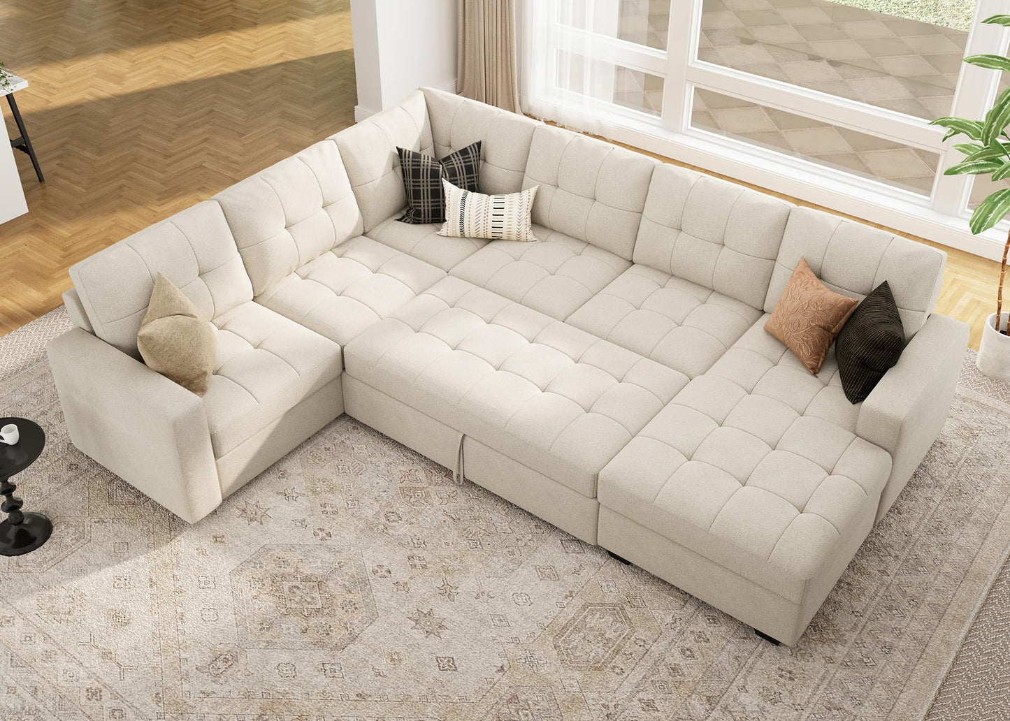 HONBAY Sleeper Sectional Sofa with Pull Out Bed, U Shaped Sectional Sleeper Couch with Storage Chaise, Convertible Sectional Sleeper Sofa Bed, Beige