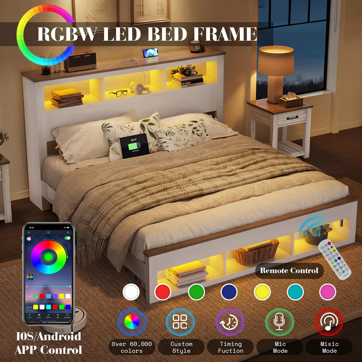 Albott King Size Farmhouse Bed Frame with Storage Bookcase Headboard and Footboard, Storage Wood Platform Bed Frame with Wood Slats Support, Noiseless LED Bed Frame, No Box Spring Needed, White Albott