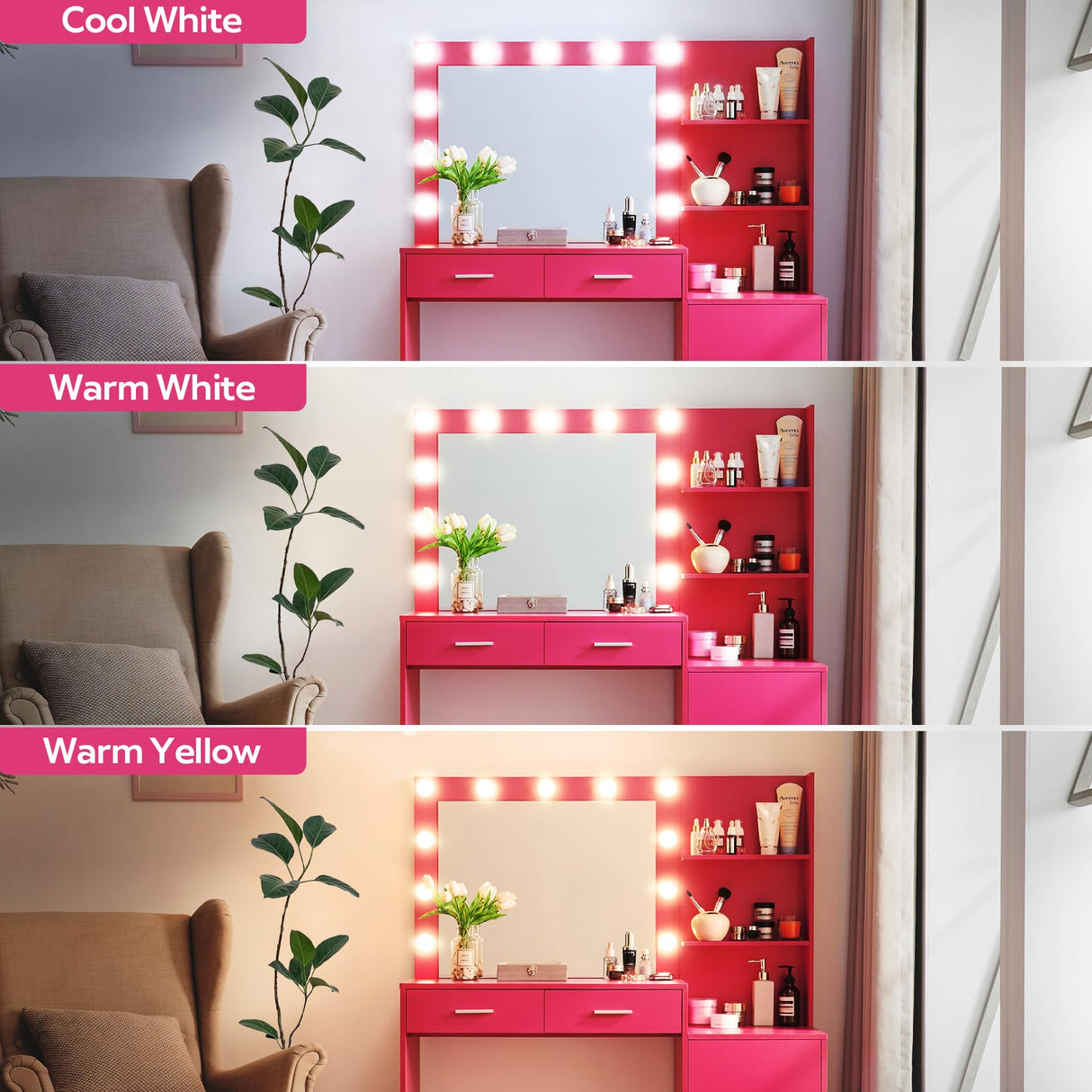 MIRROTOWEL 46.7IN Vanity Desk with Mirror and Lights, Dressing Table with 2 Large Drawer&Large Vertical Organizer, 3 Level Dresser & 3 Lighting Modes Adjustable Brightness, Suitable for Bedroom(Rose) MIRROTOWEL