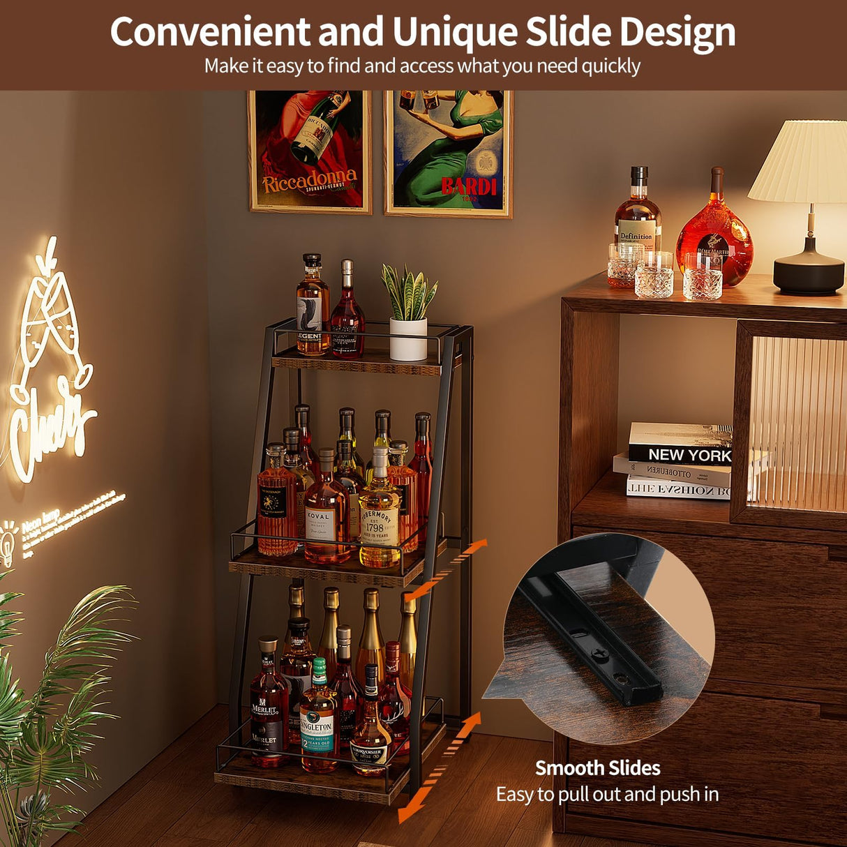 Nuovoware 3-Tier Stepped Liquor Cabinet Mini Bar, Wine Rack Freestanding Floor for Whiskey, Corner Liquor Bottle Display Shelf with Fences and Slide Drawer for Home Kitchen Dining Living Room, Black Nuovoware