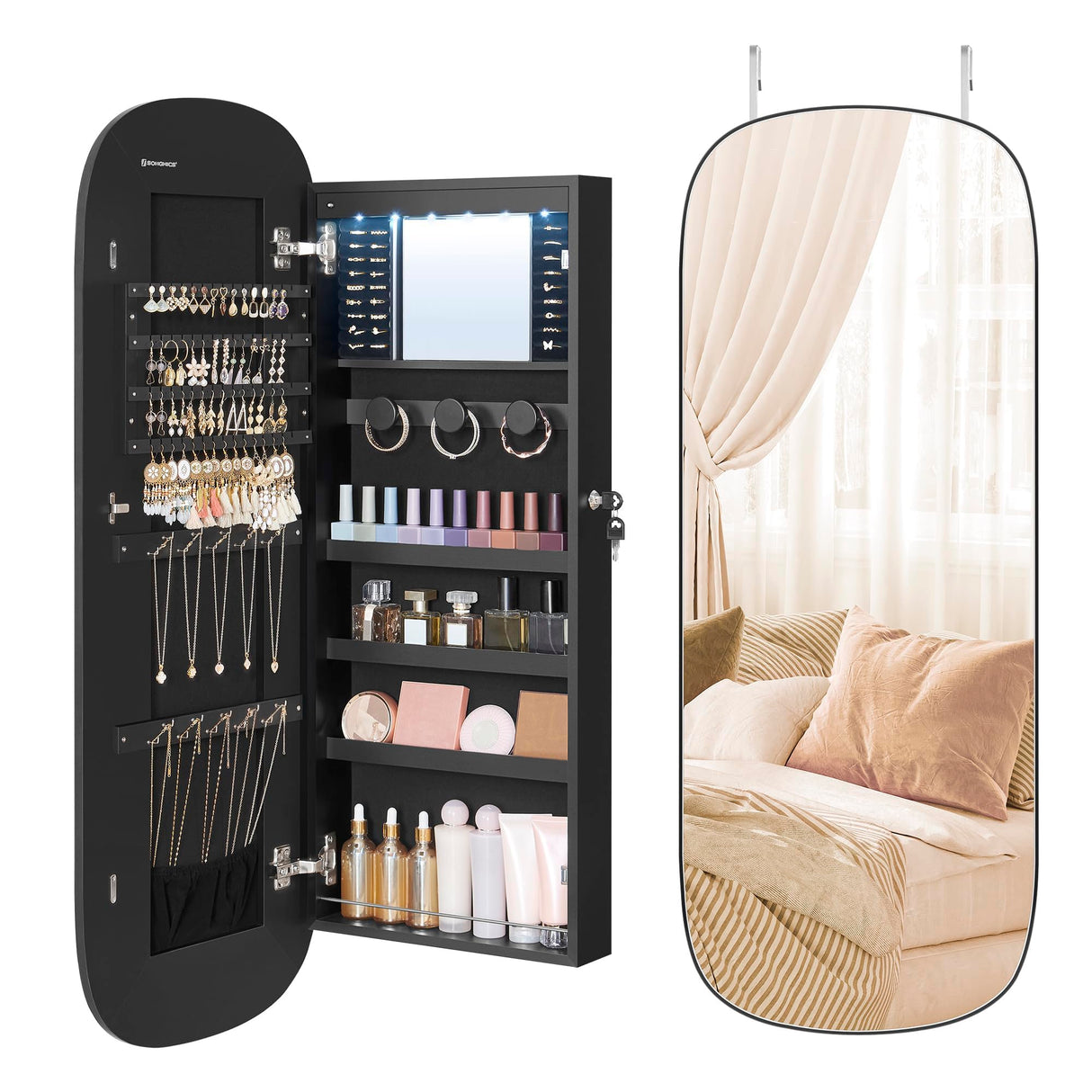 SONGMICS Jewelry Organizer, LED Jewelry Cabinet Wall or Door Mounted, Lockable Rounded Wide Mirror with Storage, Interior Mirror, 3.9 x 16.5 x 42.5 Inches, Black Surface with Black Lining SONGMICS