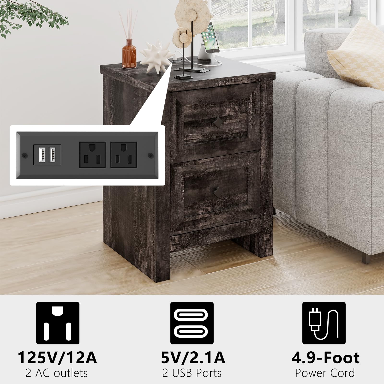 LUXOAK Nightstand Set of 2 with Charging Station, Farmhouse End Table with 2 Drawers Storage Cabinet, Rustic Wood Sofa Side Table for Bedroom, Living Room, Office, Dark Rustic Oak - WoodArtSupply