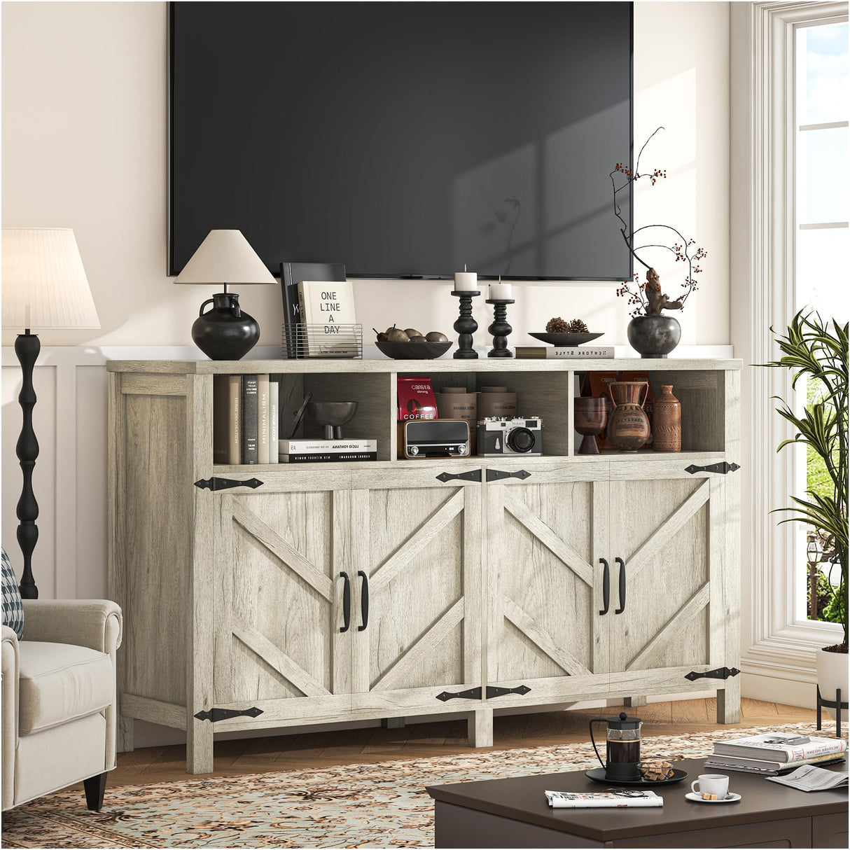 knoworld Buffet Cabinet with Storage Farmhouse with 4 Doors, 55'' Large Kitchen Storage Cabinet Wood Coffee Bar Buffet Sideboard for Kitchen, Dining Room, Entryway knoworld