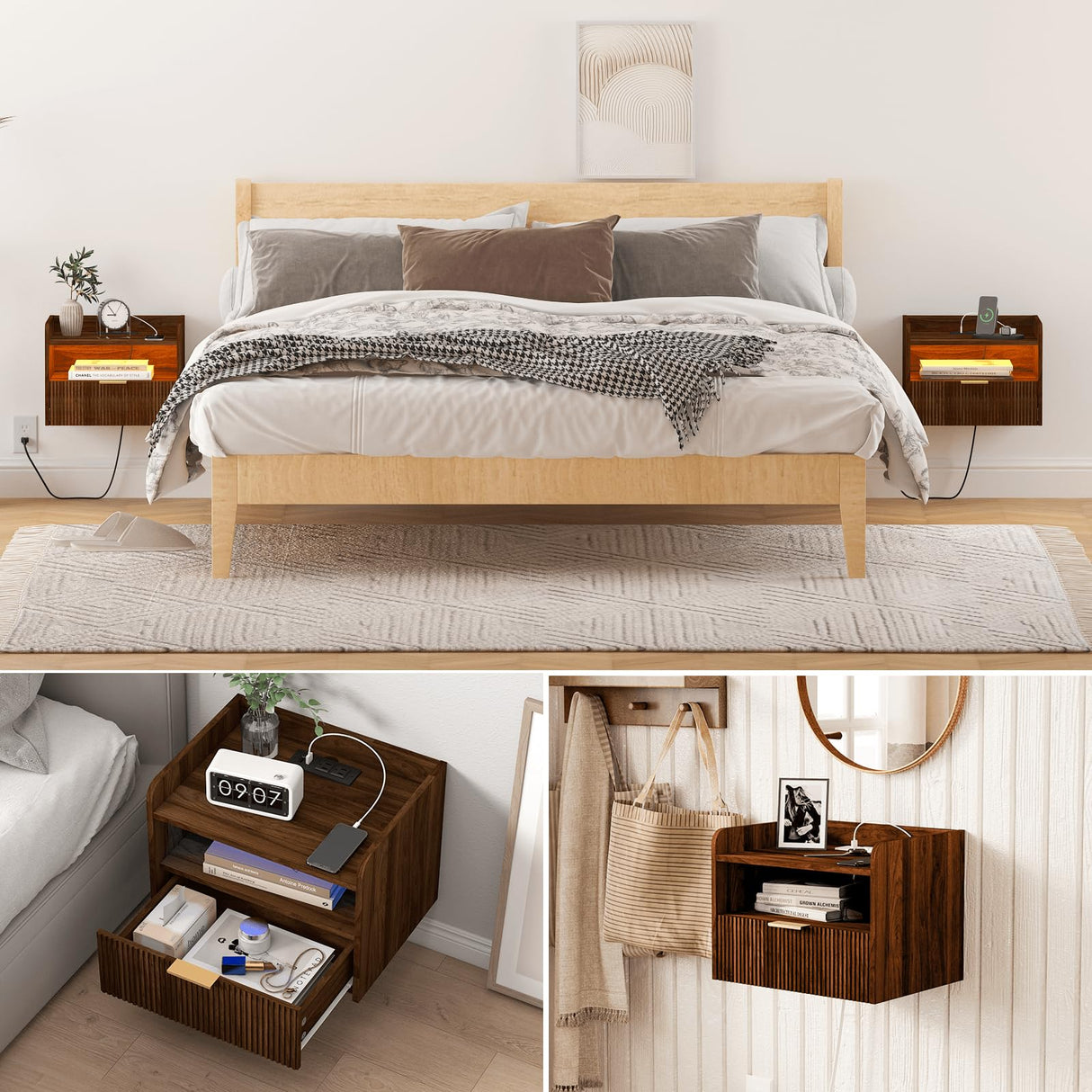 Veegle Floating Nightstand with Charging Station and LED Lights (Walnut Brown) Veegle