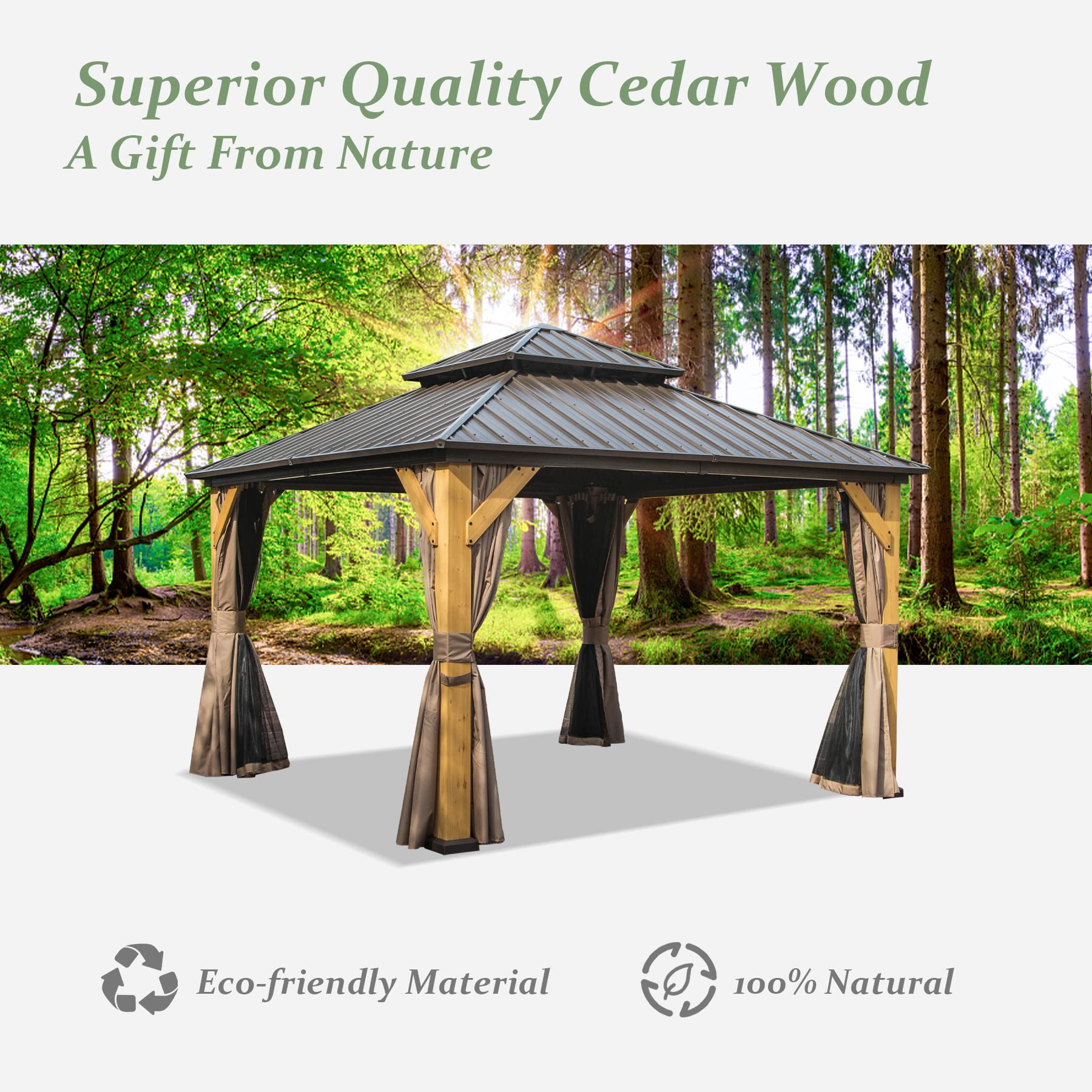 Domi 12x12 ft Wood Gazebo, Cedar Wood Frame Hardtop Gazebo with Galvanized Steel Double Roof, Outdoor Gazebo with Netting and Curtains, Patio Gazebo Pergola Pavilion for Patio, Backyard, Deck - WoodArtSupply