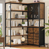 HAUOMS Corner Bookshelf, 6 Tier Industrial Convertible Bookshelf with 6 Fabric Drawers, Corner Bookcase Large L Shaped Storage Display Shelf for Home Office, Living Room, Kitchen, Rustic Brown HAUOMS