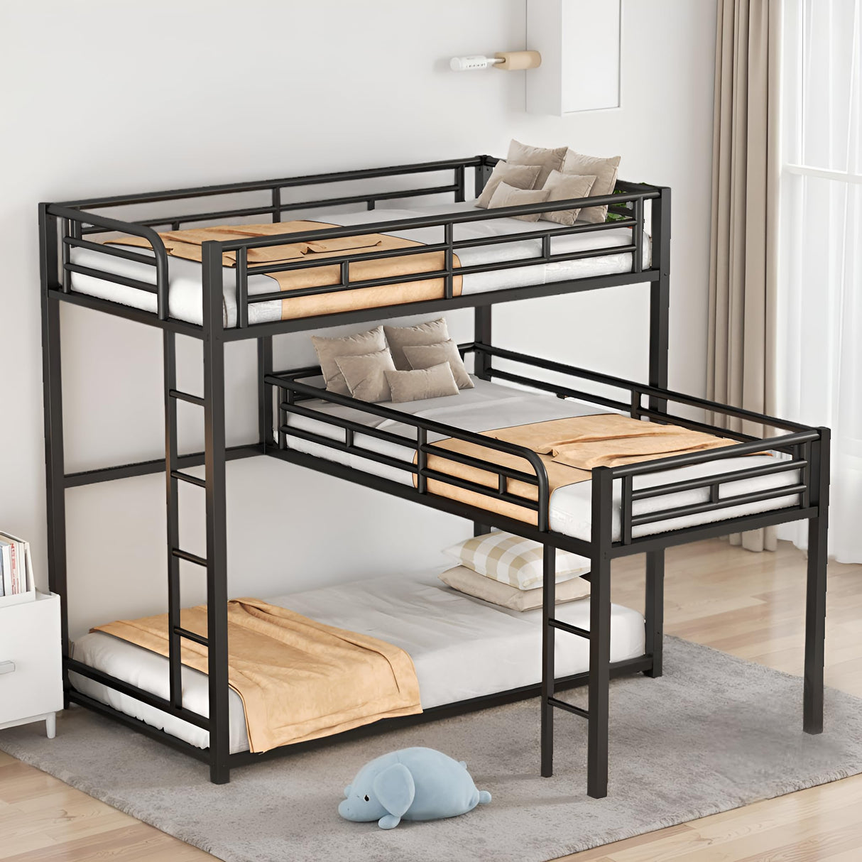 LINKHOO L-Shaped Triple Bunk Bed Twin Over Twin Over Twin, Heavy Duty Metal Corner Bunkbeds with Ladder and Guardrail, Space-Saving Design, No Box Spring Needed, Easy Climbing, Black LINKHOO