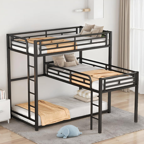 LINKHOO L-Shaped Triple Bunk Bed Twin Over Twin Over Twin, Heavy Duty Metal Corner Bunkbeds with Ladder and Guardrail, Space-Saving Design, No Box Spring Needed, Easy Climbing, Black LINKHOO