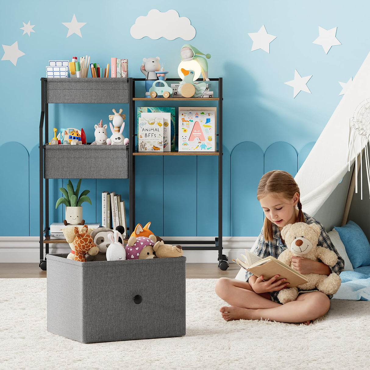 Modanais Kids Toy Storage Organizer - Toy Shelf Organizer, Sturdy Wooden Book Shelves, Soft-Sided Fabric Bins, Customizable Mobile Storage Cart for Playrooms & Bedrooms Modanais