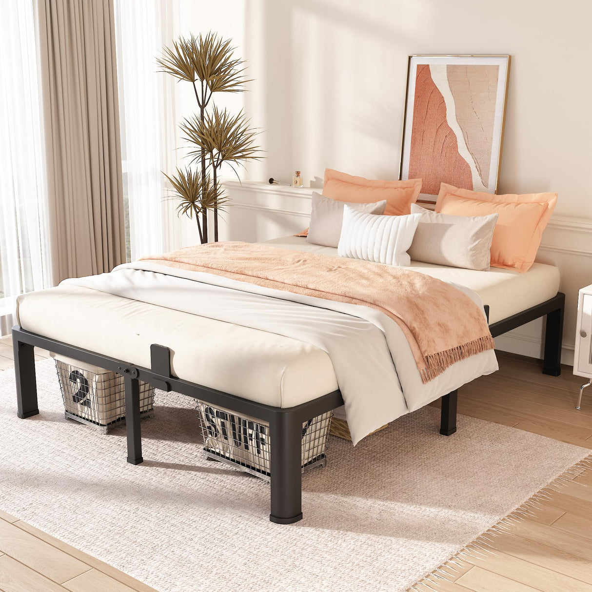 FUIOBYVV California King Bed Frame with Round Corner Edge Legs 14 inch High 3500 lbs Heavy Duty Metal Platform Bed Frame King Size No Box Spring Needed/Noise Free/Steel Slat Support/Non-Slip Black FUIOBYVV