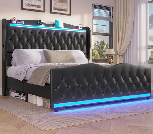 ADORNEVE King Bed Frame with Tall Wingback Headboard and LED Lights, Pu Leather Upholstered Platform Bed King with Headboard Storage, Charging Station, Solid Wood Slats, No Box Spring Needed, Black