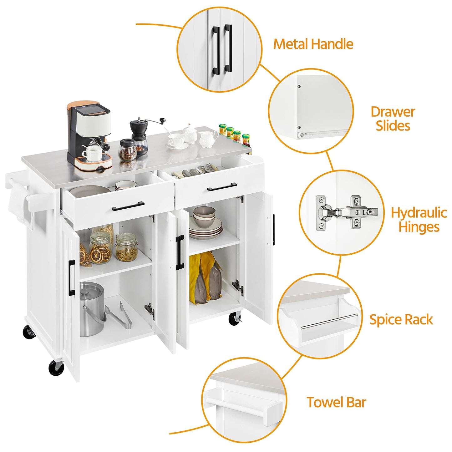 Yaheetech Kitchen Island Cart with Storage & Stainless Steel Countertop, Portable Kitchen Island on Wheels with Cabinet & Adjustable Shelves & 2 Drawers, Rolling Island Table for Kitchen, White