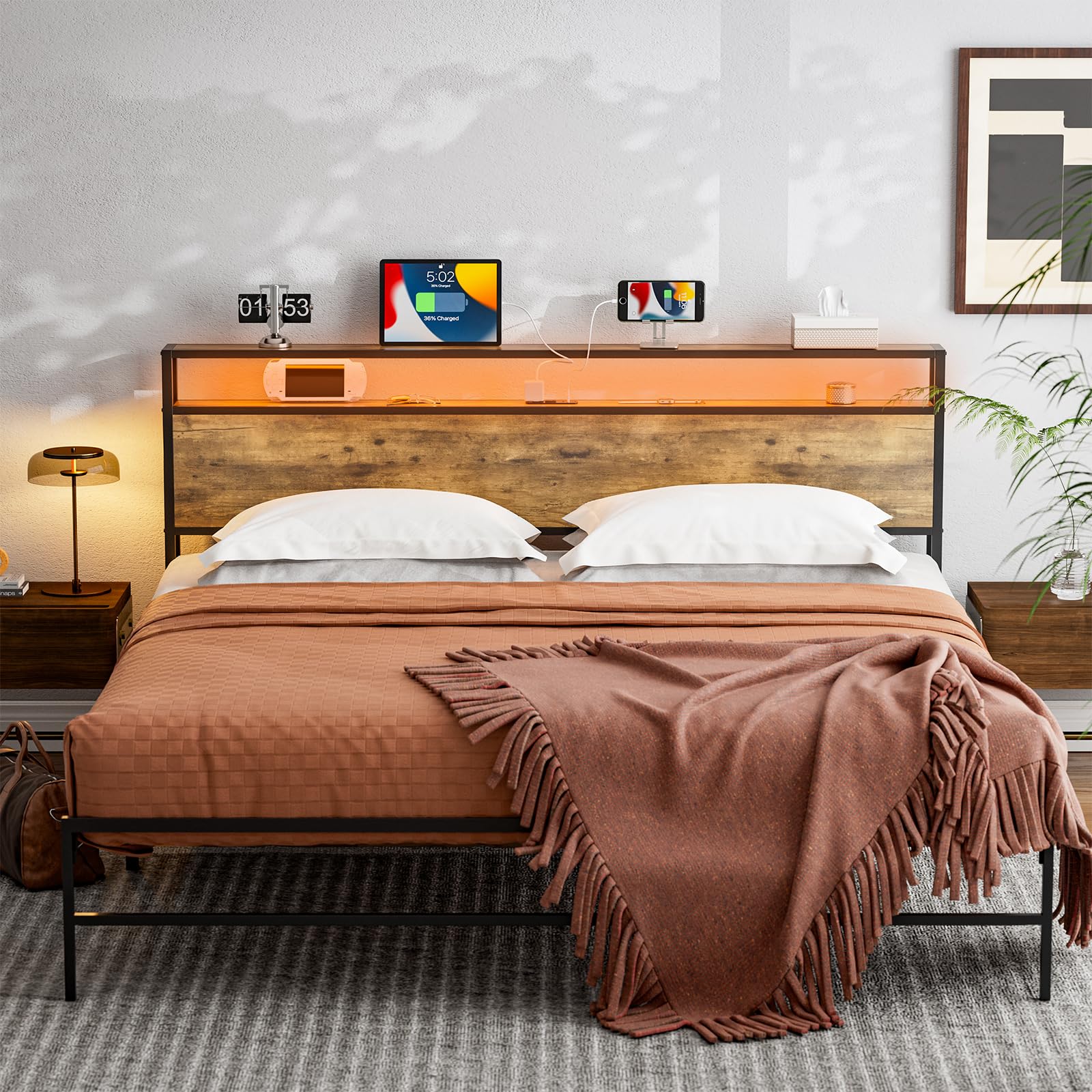 KZNGK King Size LED Headboard with Charging Station and Industrial Storage Design - WoodArtSupply