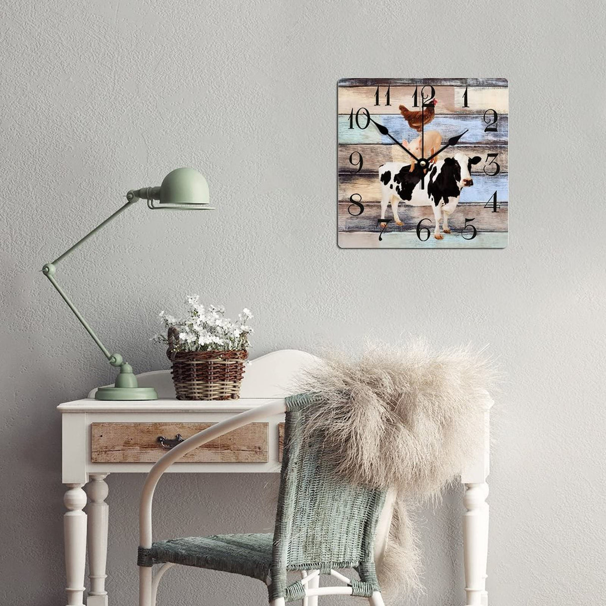 Wooden Wall Clock Farm Animal Cow Pig and Chicken 10 Inch Old Fashioned Square Wooden Wall Clock Digital Accurate Wood Clock for Bedroom Kitchen Wall Decor Home Decor Alioyoit