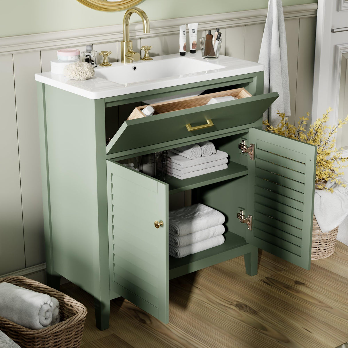 Merax 30" Bathroom Vanities with Sink Set, Modern Bathroom Integrated Sink Cabinet with Pull Down Drawer, Wood Stripes，Freestanding Bathroom Sink Cabinet (Green) Merax