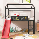 Twin House Loft Bed with Slide and Roof, Metal House Bed with Slide, Modern Style Heavy-Duty Steel Frame Loft Bed with Safety Rail, Built-in Ladder for Bedroom Dorm Boys Girls (Twin Size, Black+Red) Harper & Bright Designs
