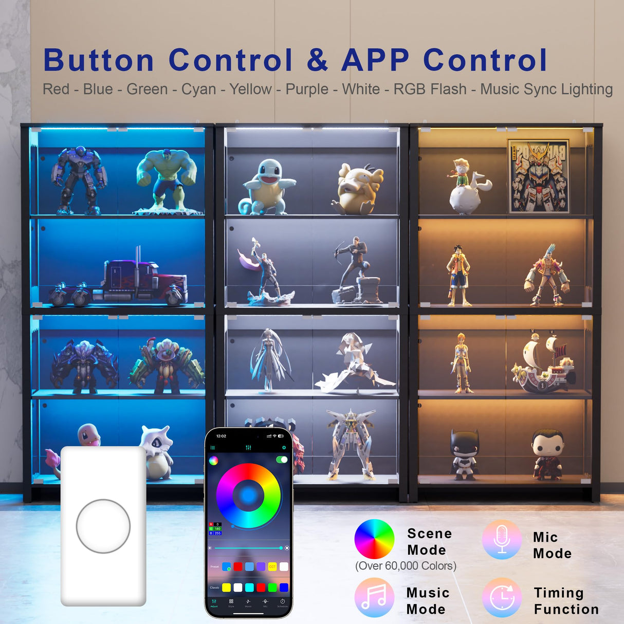 TEROL Display Cabinet with Glass Doors, 63” 4-Tier Wood Display Case with RGB Lights for Collectibles, Tall Curio Cabinet Anti-Tipping with Adjustable Shelves, Storage Cabinets for Living Room, Study TEROL