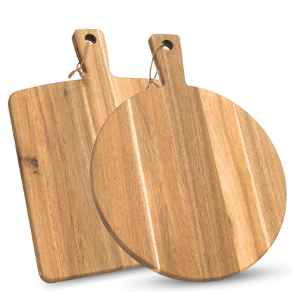 KOLWOVEN Acacia Wood Cutting Board 2 Pack with Handle, Wooden Charcuterie Board Large Paddle Carving Chopping Board Set, Serving Tray for Cheese Meat Fruit Pizza Bread Baking