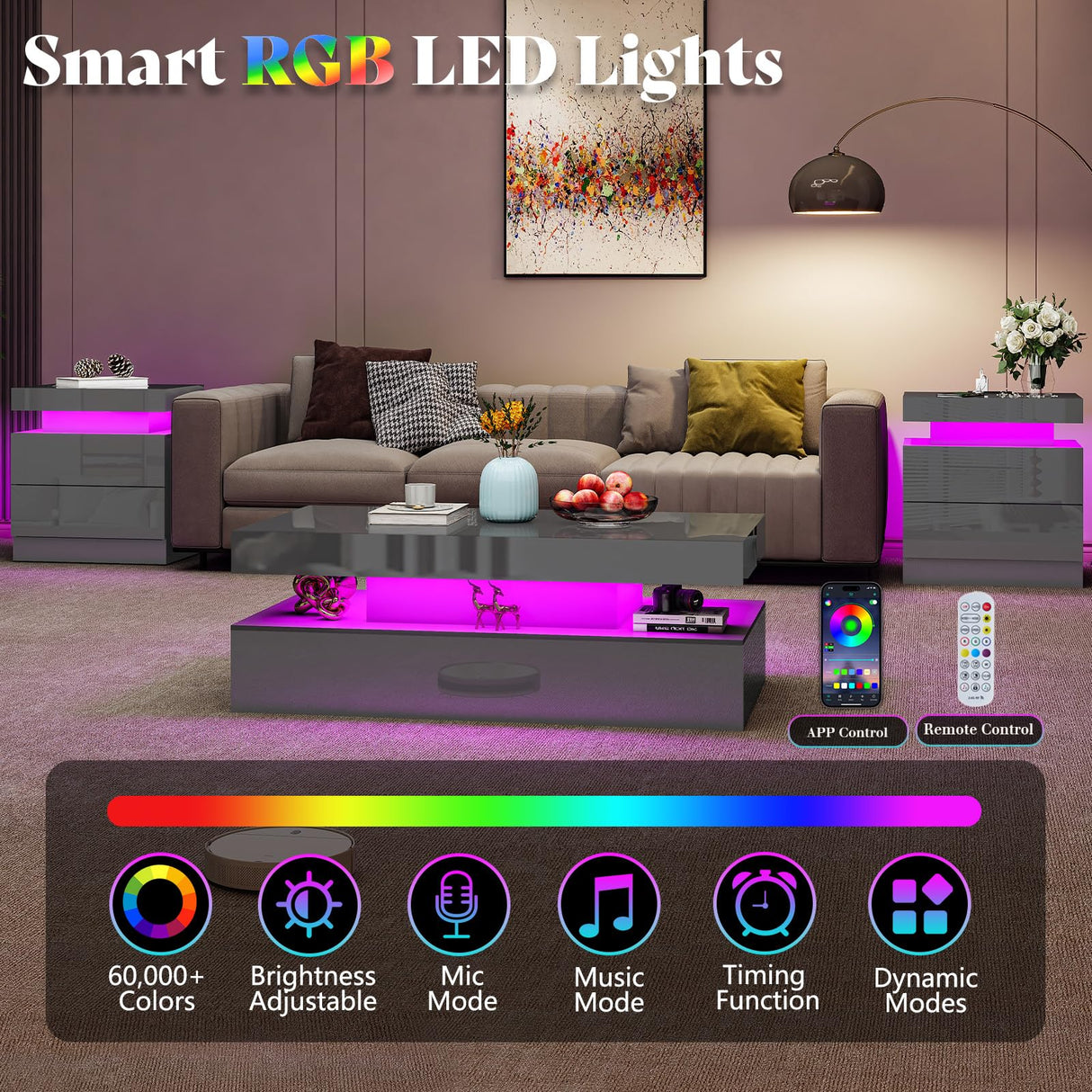 AMERLIFE High Gloss LED Nightstand Set of 2 with Charging Station, Modern Bedside Table Night Stand with LED Lights, Sofa End Side Tables with Drawers for Bedroom Living Room, Gray AMERLIFE