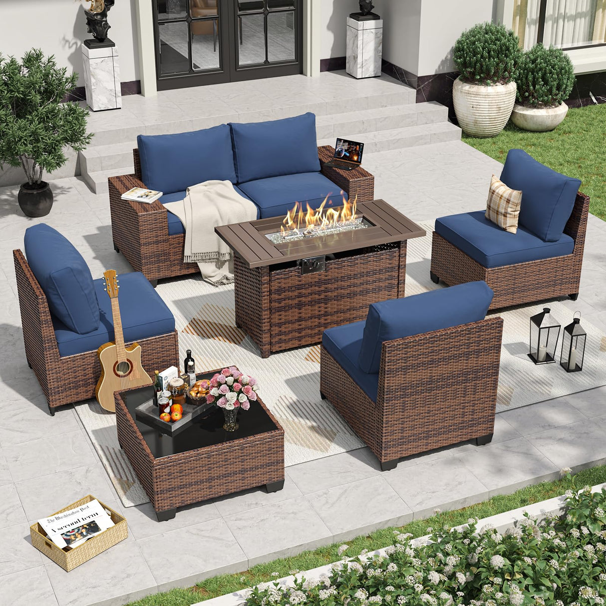 Aoxun 7 Pieces Patio Furniture Set with 44” Fire Pit Table Wicker Rattan Outdoor Sectional Conversation Set with Coffee Table and 4” Thickened Cushions, Blue(Waterproof Cover Included) Aoxun