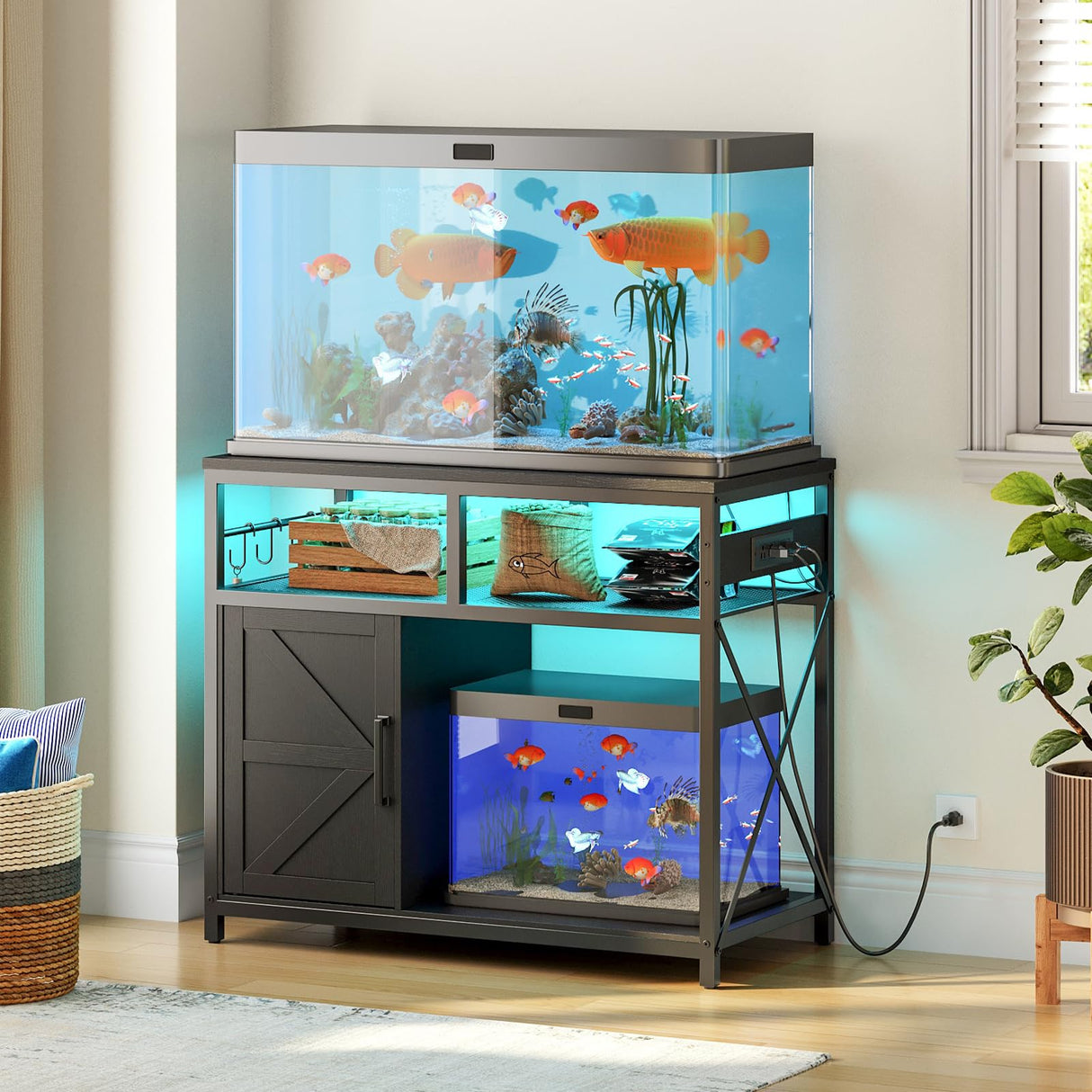 HOOBRO 40-50 Gallon Fish Tank Stand with Power Outlet and LED Light, Metal Frame Aquarium Stand with Cabinet Storage, for Reptile Turtle Tank, 440 LBS Capacity, 36.6'' L x 18.9'' W, Black BB93UDFT01 HOOBRO