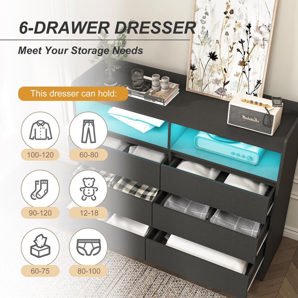 Spaco Black Dresser for Bedroom, 6 Drawer Dresser with LED Lights and 2 Cubby,Chest of Drawers,Wood Dresser,Dresser Bedroom Furniture,Wide TV Stand Dresser for Kid's Room,Nursery Spaco