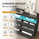 Spaco Black Dresser for Bedroom, 6 Drawer Dresser with LED Lights and 2 Cubby,Chest of Drawers,Wood Dresser,Dresser Bedroom Furniture,Wide TV Stand Dresser for Kid's Room,Nursery Spaco